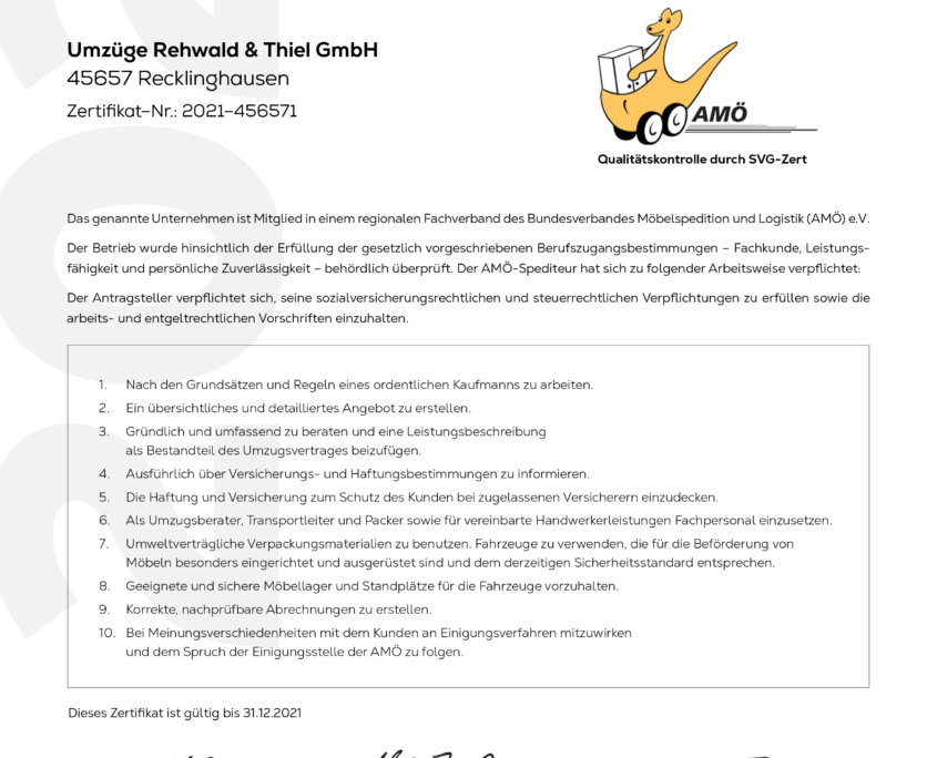 AMÖ Zertifikat Rehwald-Thiel Recklinghausen